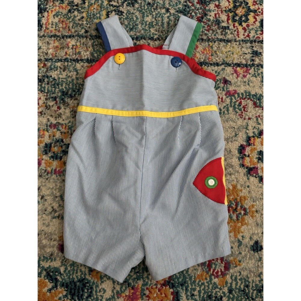 Vtg 90s Florence Eiseman Baby Boy Striped Fish Romper Button Size Large (12-18)